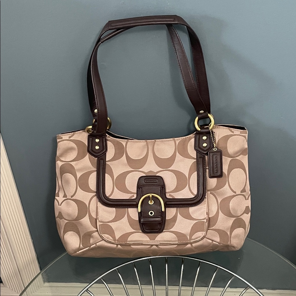 Coach Signature Canvas Shoulder Bag in Beige and Dark Brown
